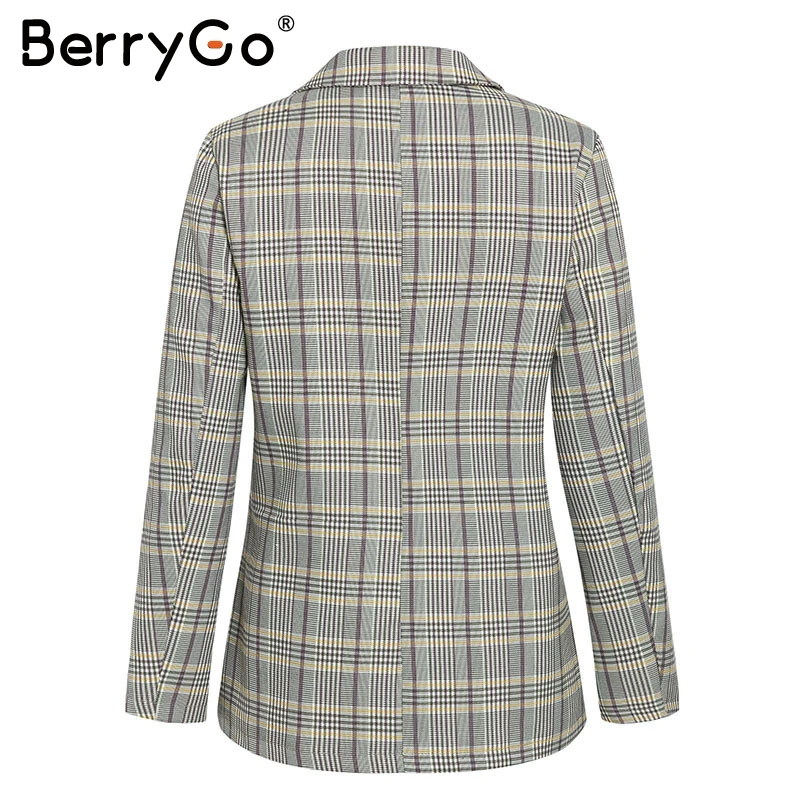 BerryGo офисный женский клетчатый Блейзер, комплект из двух предметов, двубортный женский Блейзер, брюки, костюмы, Повседневная Уличная одежда, женские брюки, набор