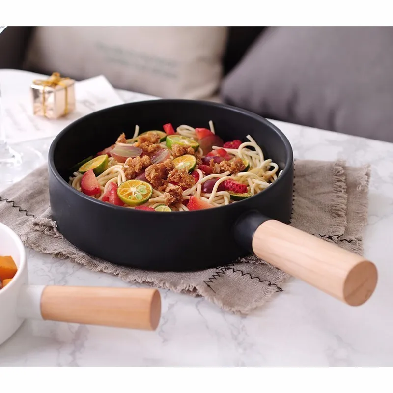 Nordic creative round wood handle spaghetti plate simple home snack dish western food steak pan dinner ceramica plates flatware | Дом и сад