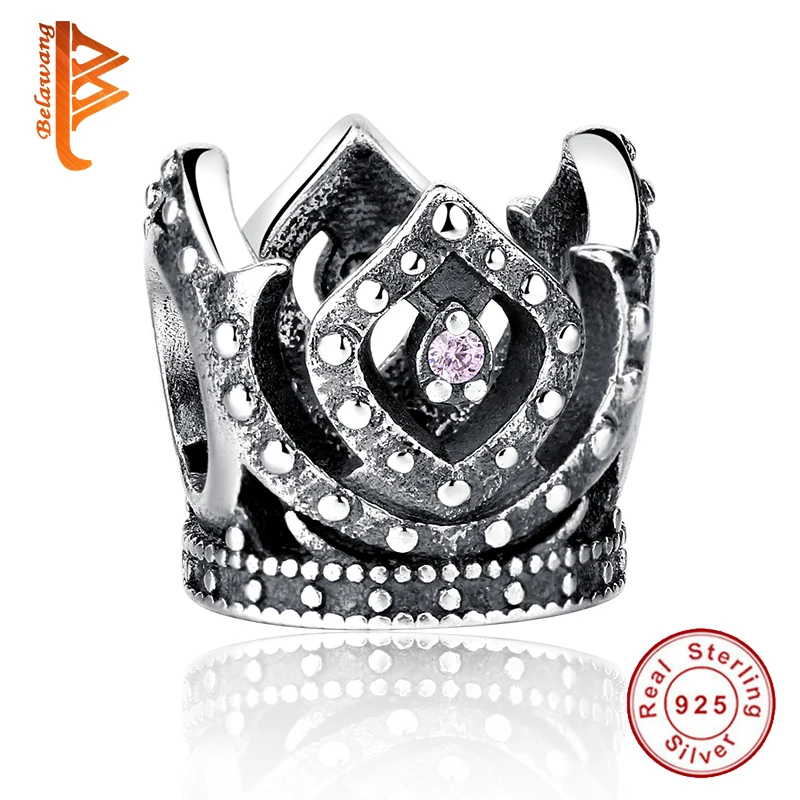 BELAWANG 925 пробы Серебряная Королева Корона Бусины розовый кристалл Подходит для