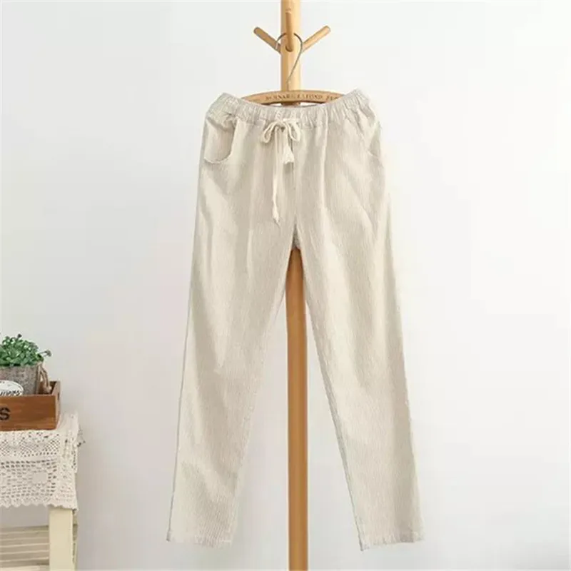 beige Женские повседневные брюки из хлопка и льна, Модные свободные длинные штаны с эластичной резинкой на талии, прямые Полосатые брюки - Цвет: beige