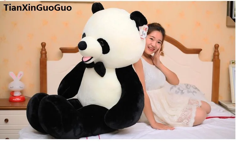 

fillings toy huge 140cm lovely giant panda plush toy bowtie panda soft doll huging pillow birthday gift s0613