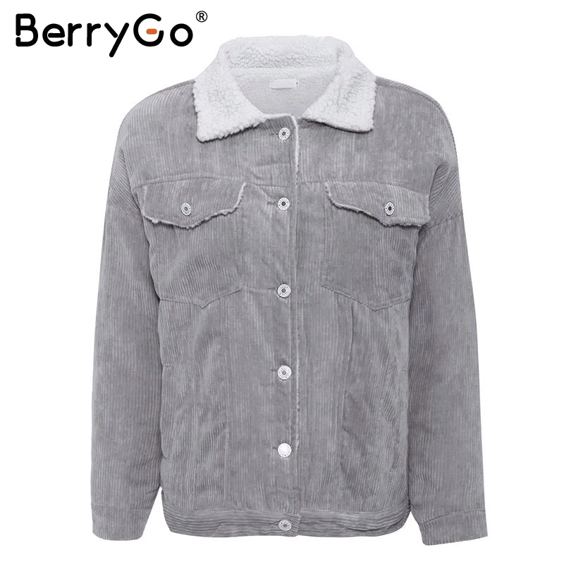 grey BerryGo Простая вельветовая зимняя куртка женская Простая вельветовая зимняя куртка женская с длинным рукавом из шерсти Куртки теплая куртка женская верхняя одежда пальто - Цвет: grey