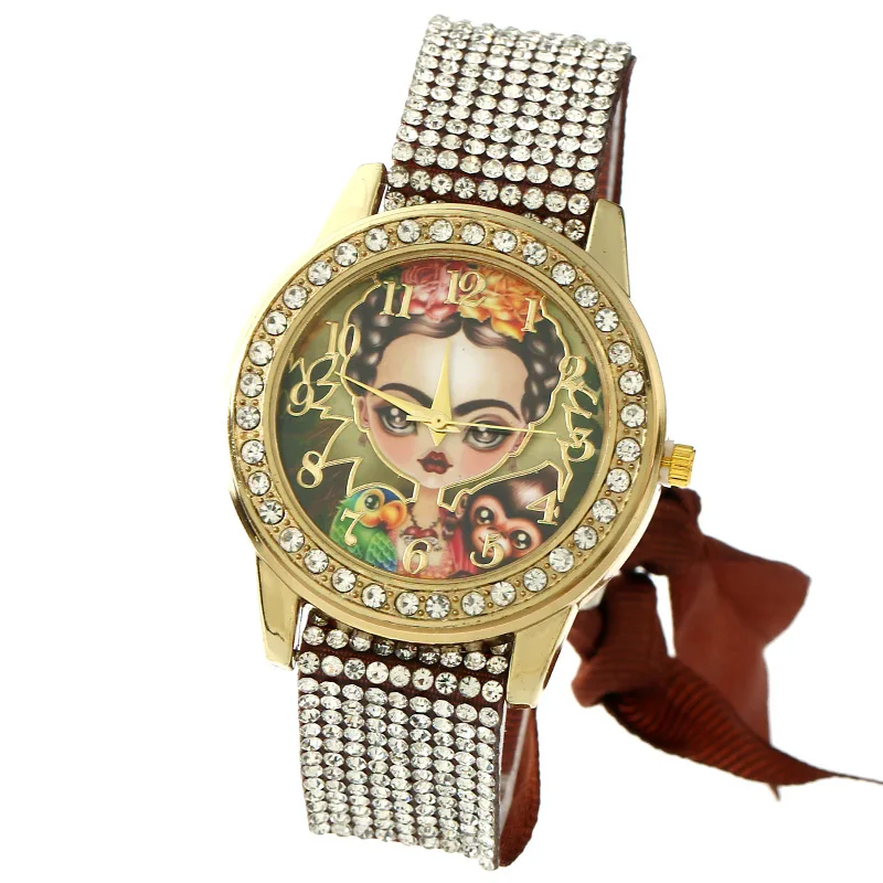 Gnova Платиновые женские часы с кружевом винтажные обезьянкой и птицей со стразами