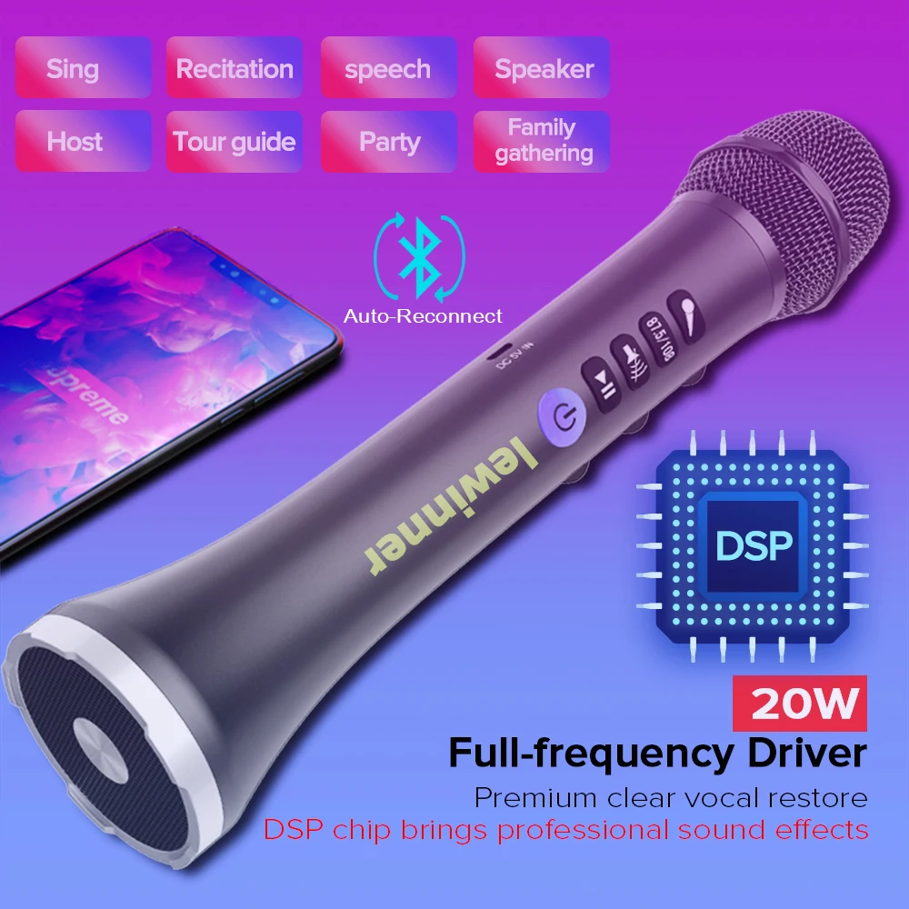 Lewinner L-698D беспроводной караоке микрофон, 20 Вт профессиональный bluetooth динамик с микрофоном с DSP звуковым эффектом чип