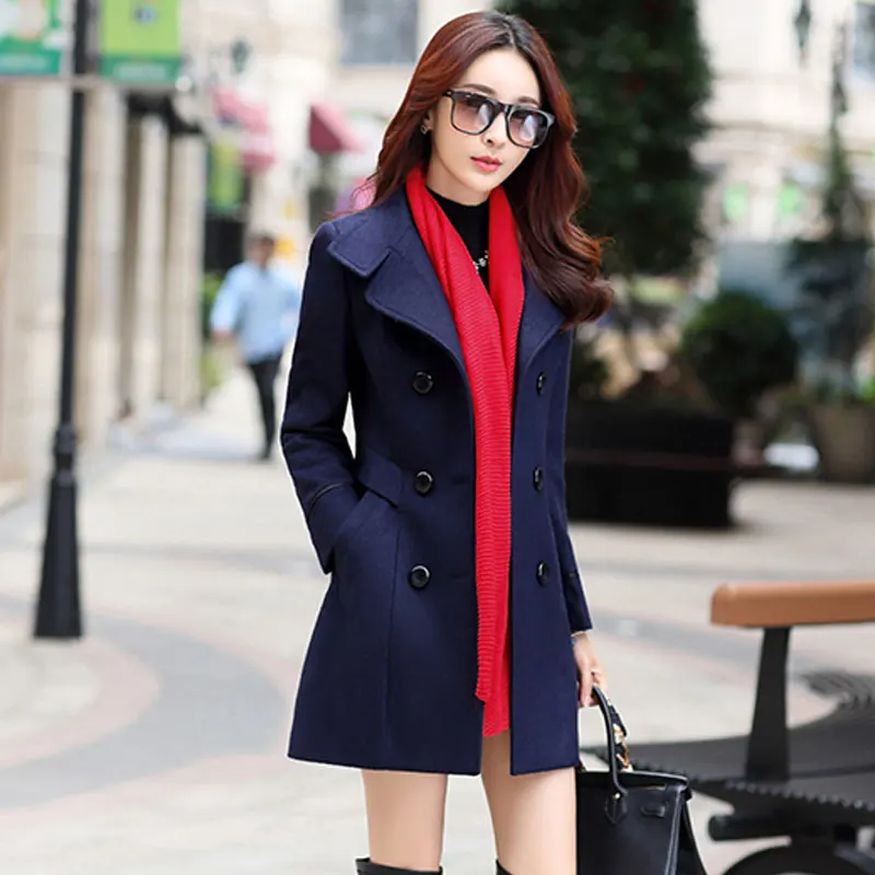 navy blue 1 шт., пальто из плотной шерсти, женская верхняя одежда с длинными рукавами и отложным воротником, Повседневная двубортная осенне-зимняя куртка, большие размеры Z5870 - Цвет: navy blue