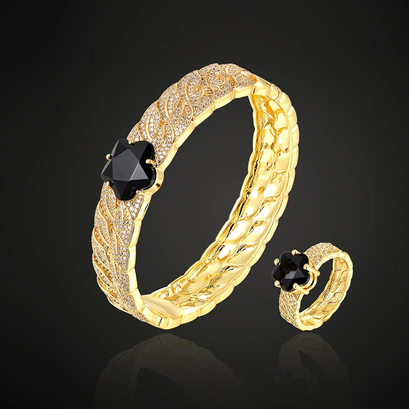 

Theresa brand luxury color flower classic bangle with ring jewelry set color stone 3a cubic zircon micro pave setting bracelet