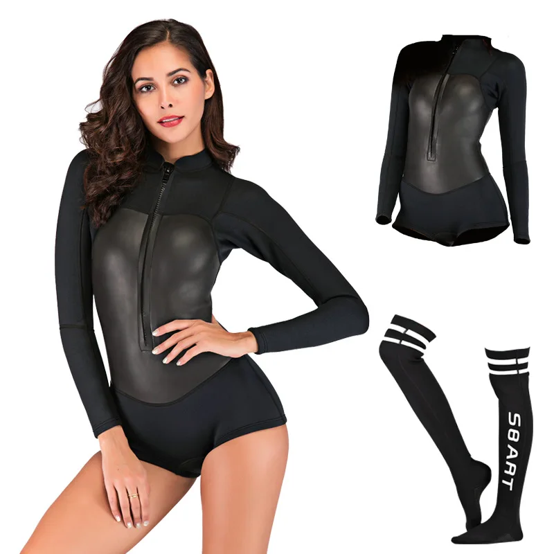 New Fashion 2MM Neoprene Diving Suits Womens Warm One-piece Wetsuit Long Socks Set Surfing Snorkeling Swimming Suit Rash Guards