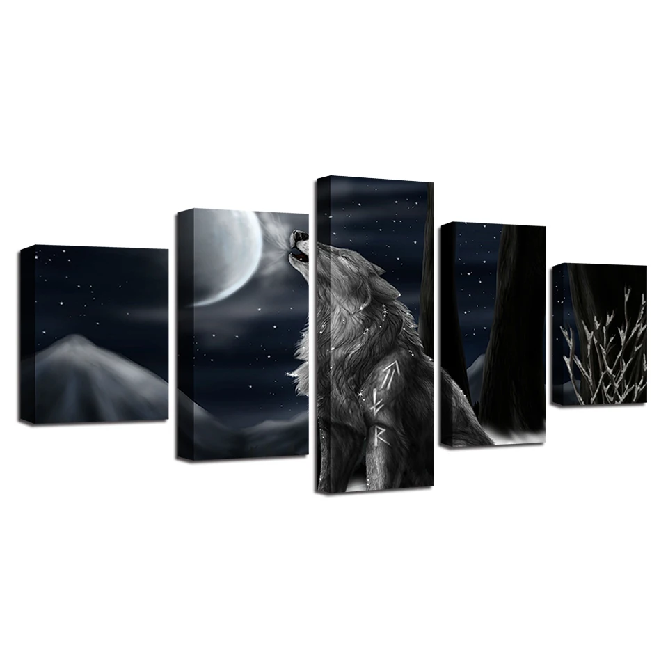 Scenery Pictures Decor Home Room Wall Art 5 Pieces Animal Wolf Howl At Moon Night Painting HD Prints Frame Modular Canvas Poster | Дом и сад