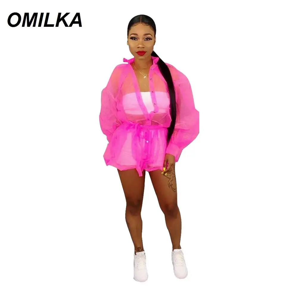 

Женская прозрачная сетчатая блузка OMILKA, неоново-зеленая блузка с рукавами-фонариками и пуговицами спереди, Пляжная прозрачная верхняя одежда, лето 2019