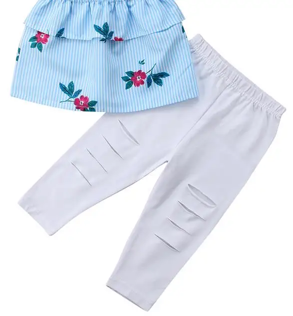 Blue and White Лидер продаж; Одинаковая одежда для всей семьи «Мама и я»; топы без рукавов в полоску с цветочным принтом для мамы и дочки; рваные штаны; летняя повседневная одежда - Цвет: Blue and White
