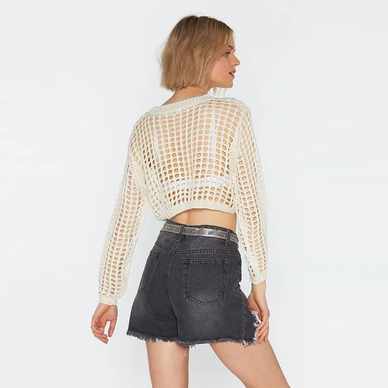 HYH Haoyihui Europe And America Sexy Perspective Eyelet Knitting Short Cropped Navel Long Sleeve Sweater Color Bikini Blouse | Женская