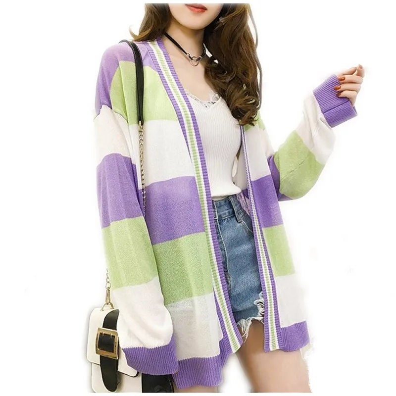 

2018 Fashion Patchwork Colors Striped Women Knitted Jacket Spring Autumn Open Stitch Coat Female Long Sleeve V-Neck Knitted Q355