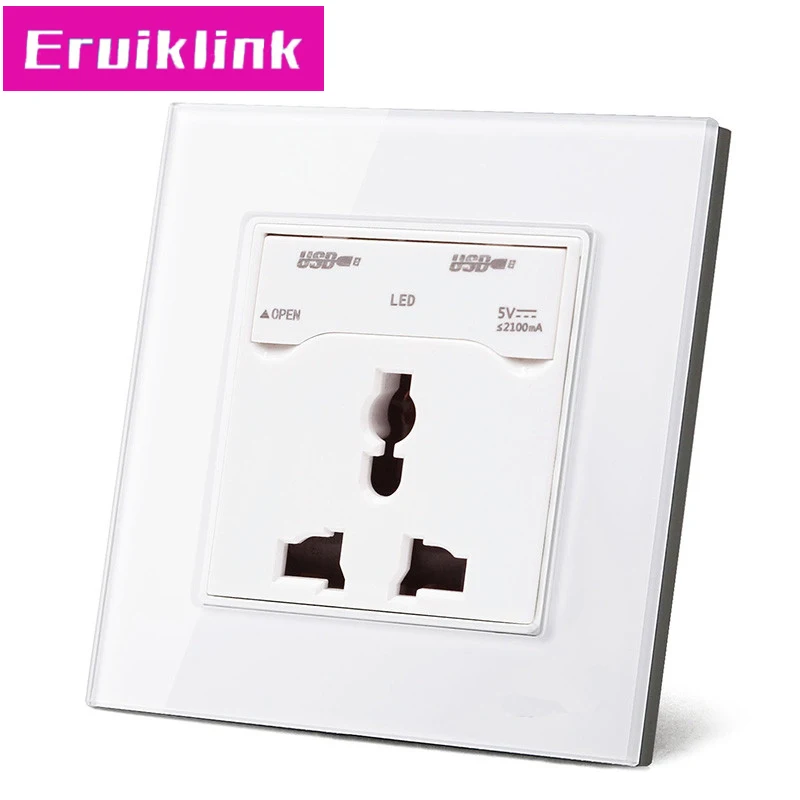 Настенная розетка из хрустального стекла с двойным usb портом для зарядки 2.1A 2100mA