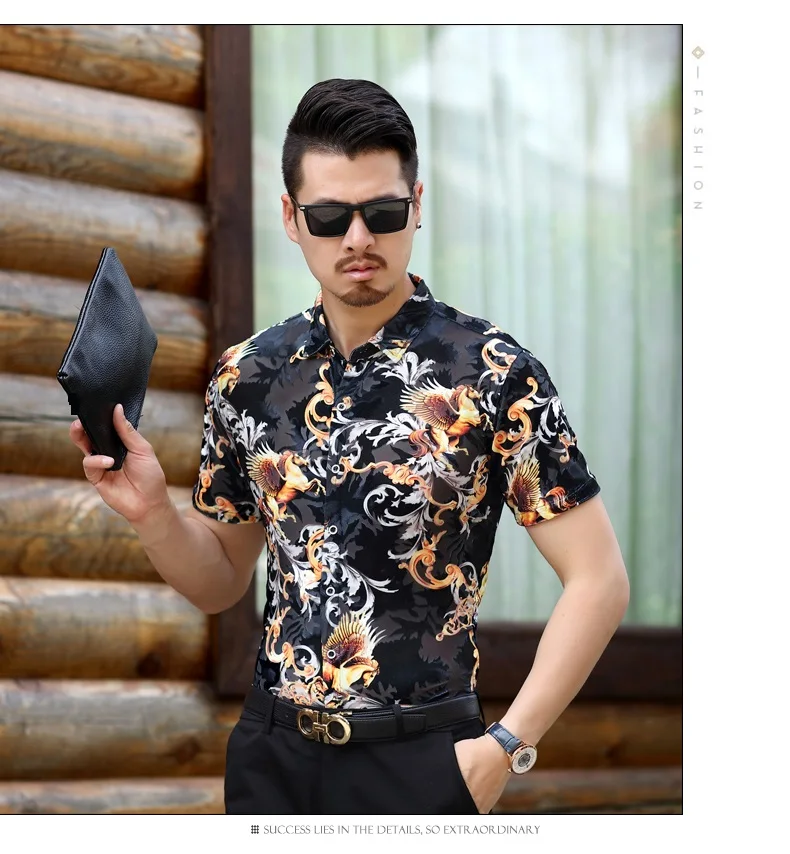 

New summer mens floral clothes fashion hollow transparent sexy male shirts short sleeve see through dress shirts for man