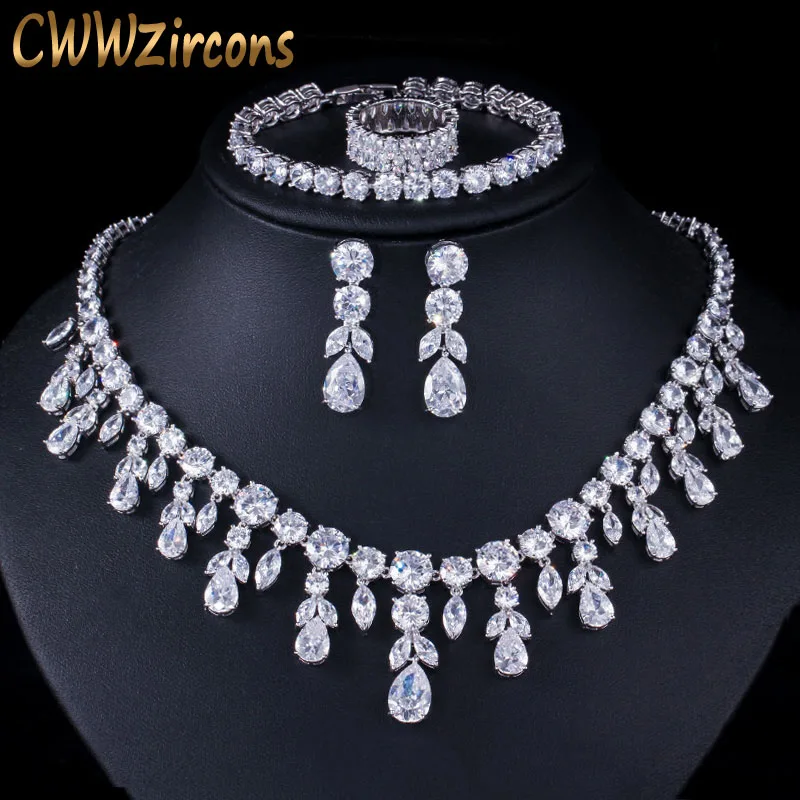 4 pcs set CWWZircons Висячие капли Дубай циркон ожерелье серьги браслет и кольца свадебный ювелирный набор женское свадебное платье аксессуары T342 - Окраска металла: 4 pcs set