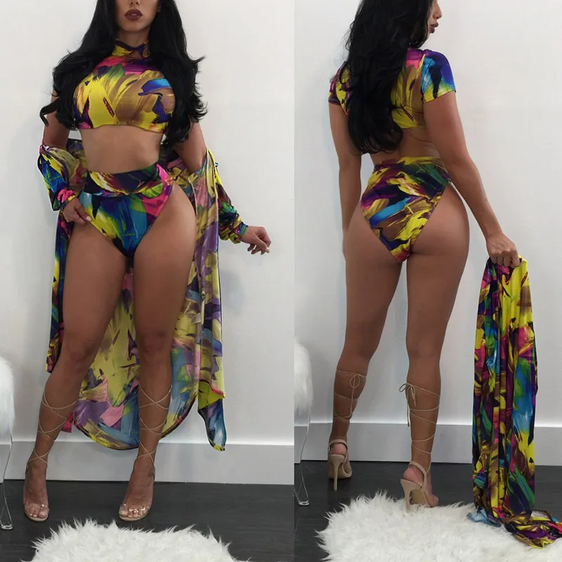 

Summer Women Swimsuit Beach Three-piece set swimsuit Bikini set + Cover Up Tunic Women Summer Beach Wear Tunic beach dress