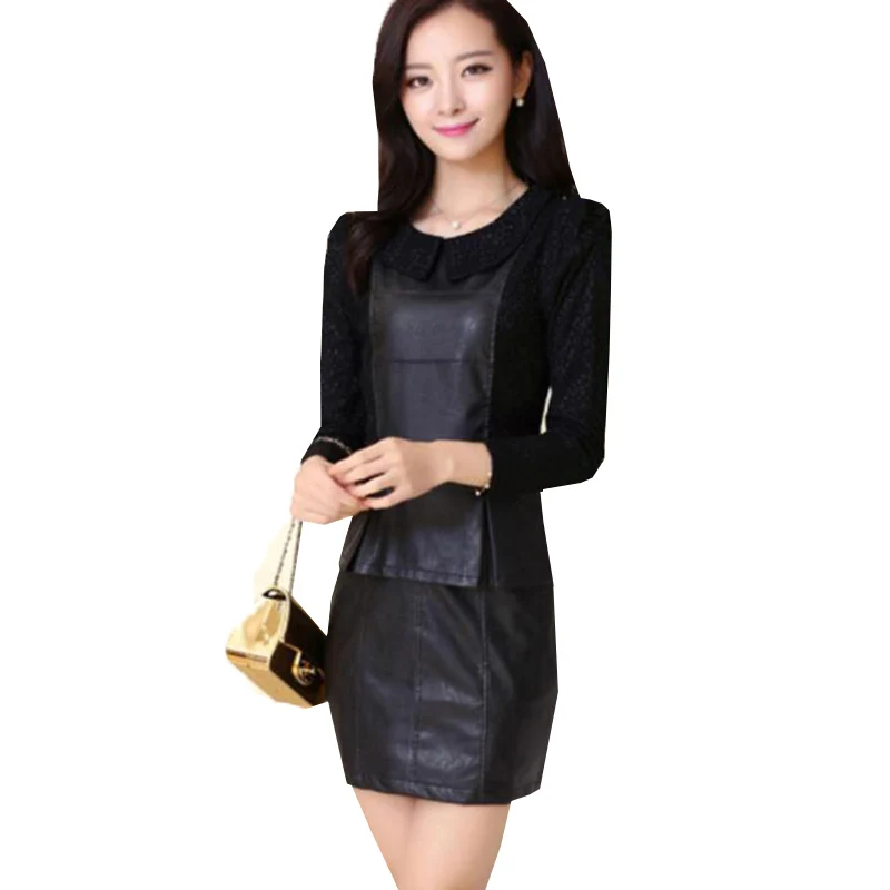 Женское платье с длинным рукавом кружевное в стиле пэчворк из искусственной кожи