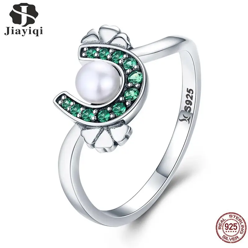 Jiayiqi кольцо из стерлингового серебра 925 жемчуг зеленый CZ цветок клевера женские