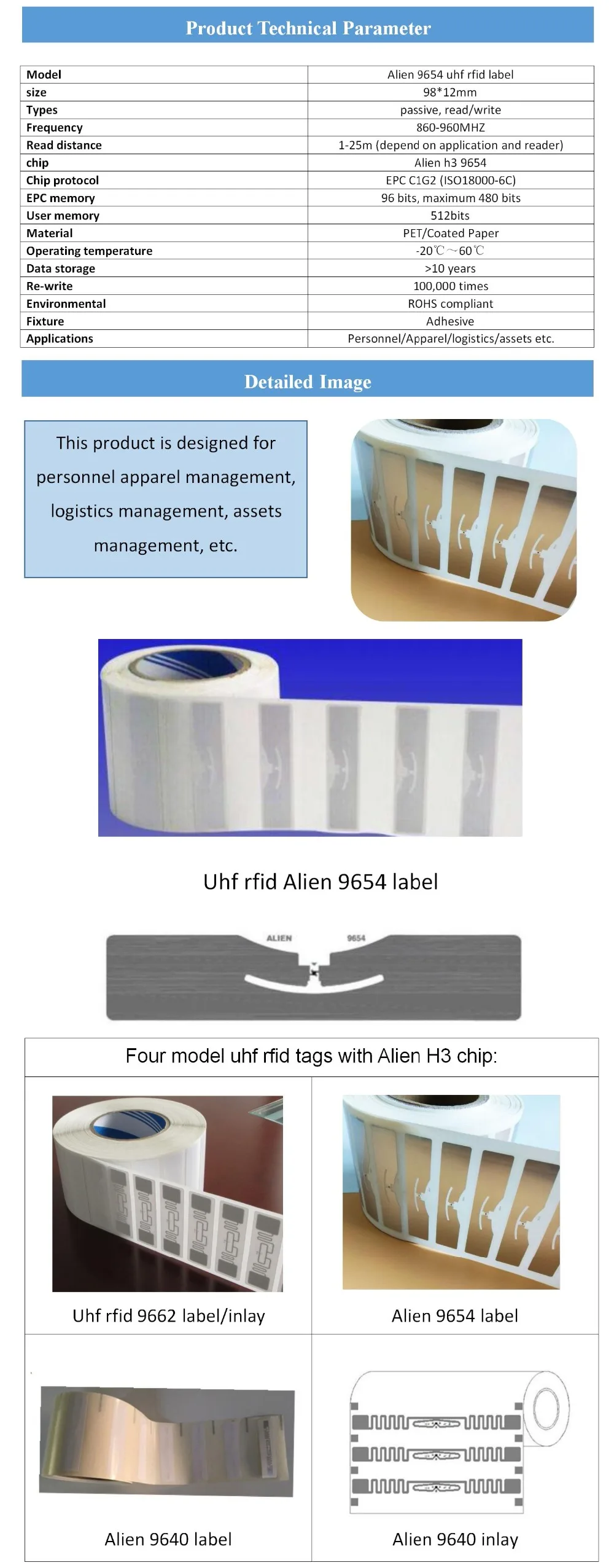 UHF RFID тег EPC 6C стикер Alien 9654 влажная инкрустация 915mhz868mhz860-960MHZ Higgs3 100 шт клей пассивный RFID этикетка