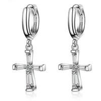 trendy 925 silver clear crystal circle cross drop dangle earrings for girls women christian gift earring christmas jewelry