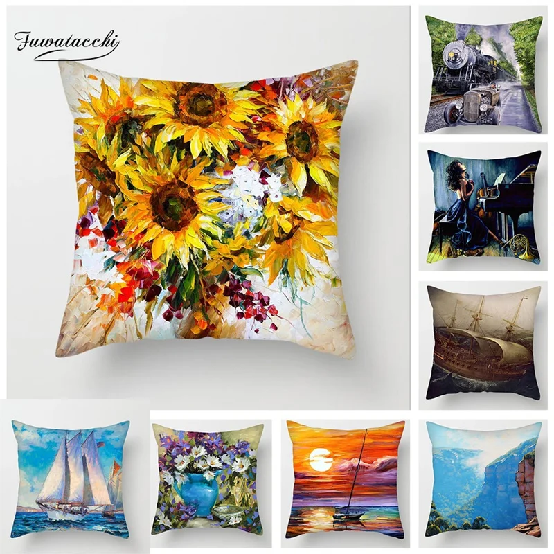 

Fuwatacchi Sunflower Cushion Covers Celebrity Painted Sailing Landscape Pillow Covers For Home Car Chair Decor New Pillowcases