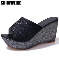 2021 sequined wedge slippers female muffin thick soled sandals slippers high heeled casual non slip shoes n976