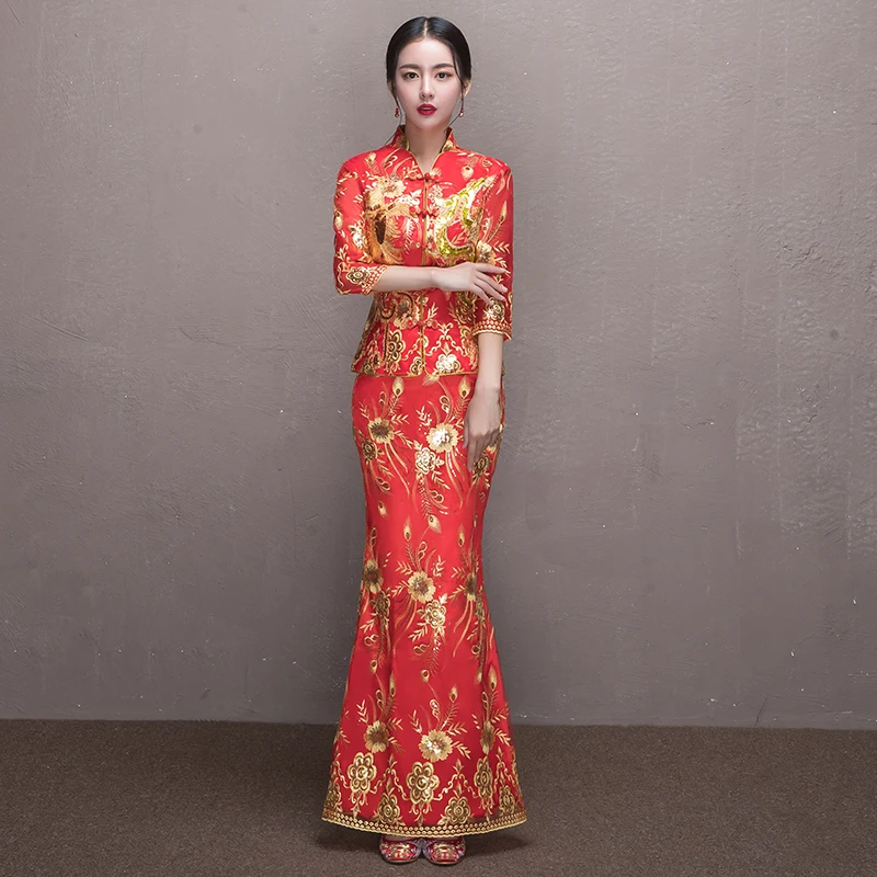 

Traditional Chinese Bride Dresses Embroidery Qipao Red Modern Cheongsam for Women Oriental Robe Party Dresses