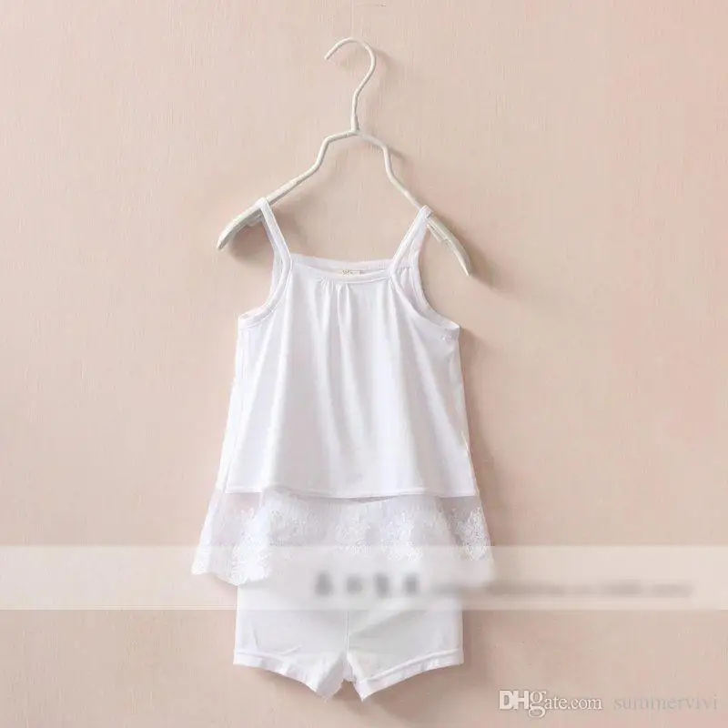 Fashion Europe and America style children outfits Suits grils sleeveless camisole lace tops+Pure color shorts 2pcs sets kids clo |