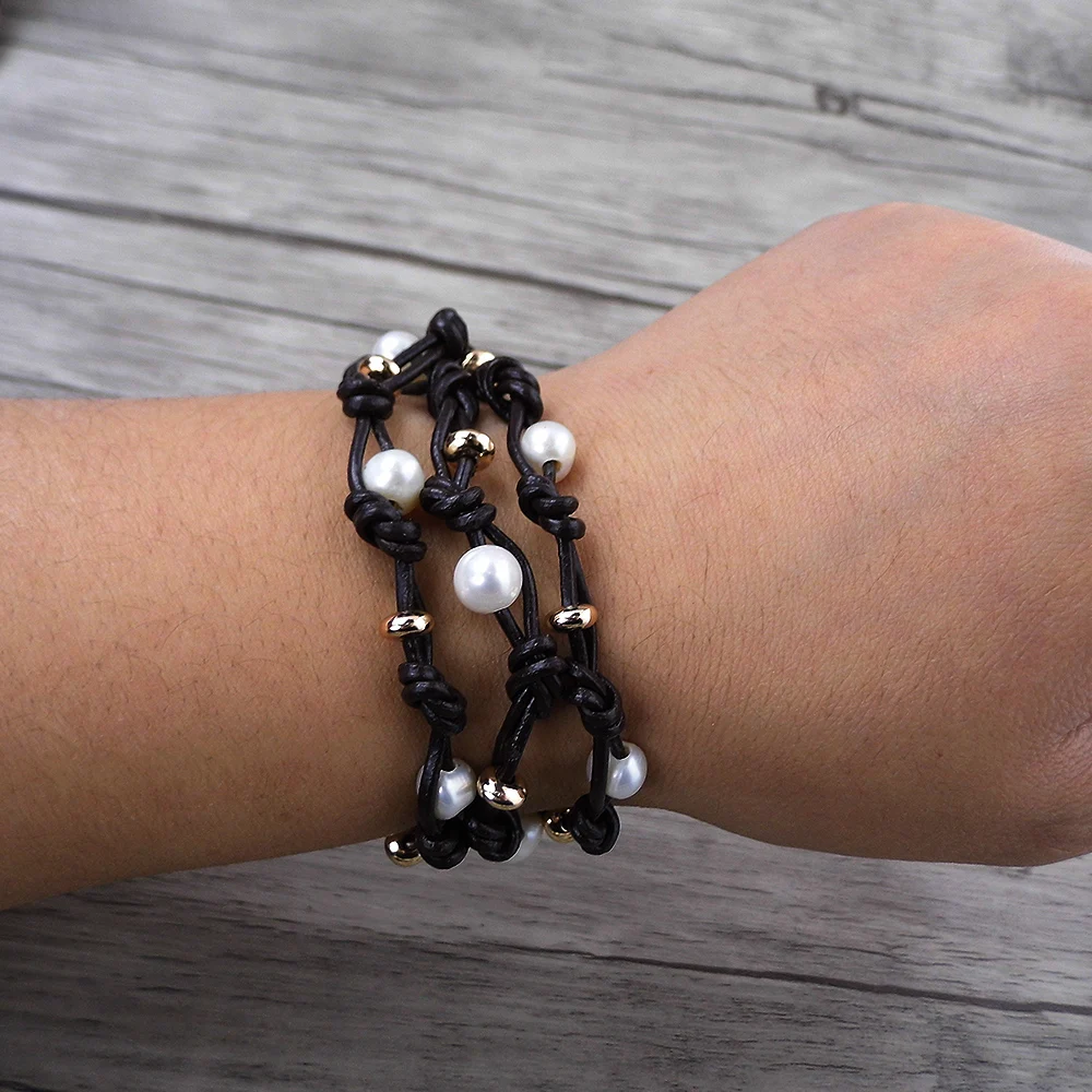 White freshwater pearl bracelet GOLD beads Leather bead wrap yoga jewelry bohemian boho | Украшения и аксессуары