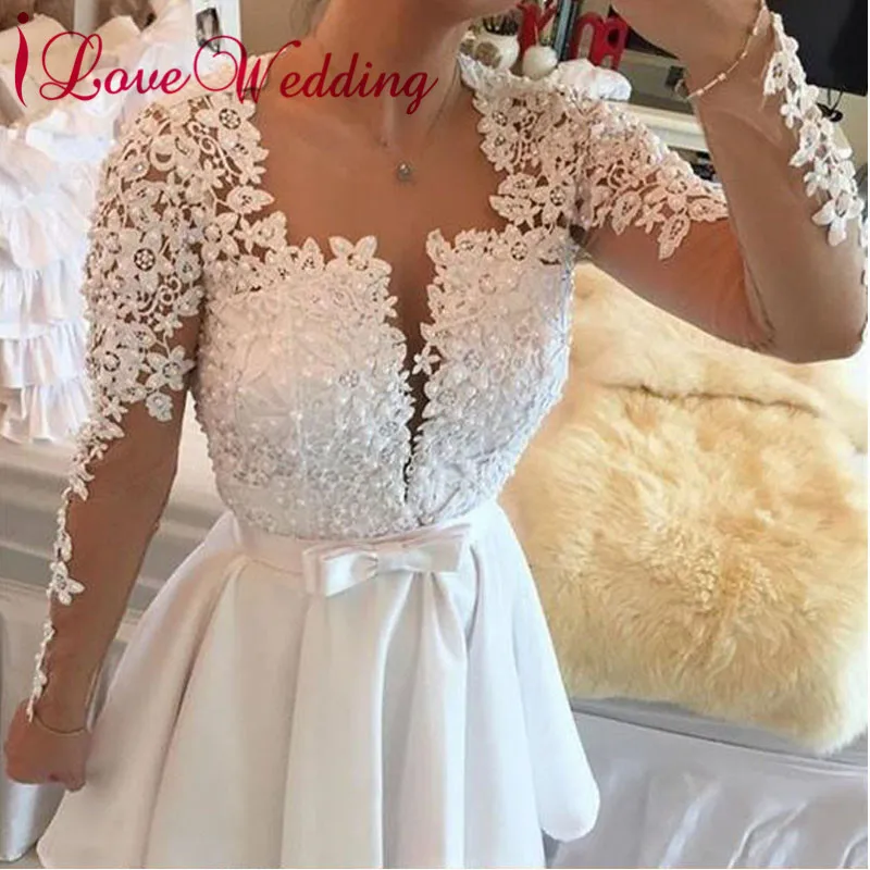 

New Arrival Sheer Lace Applique Beaded Cocktail Dress A Line Satin Long Sleeves Elegant Short Dress for Party Gown