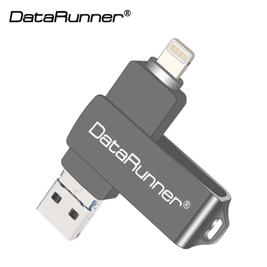 Серый usb-накопитель DataRunner портативный флэш-накопитель для iPhone XS MAX/X/8 Plus 3 в 1 Micro usb-накопитель внешний накопитель - Цвет: Серый