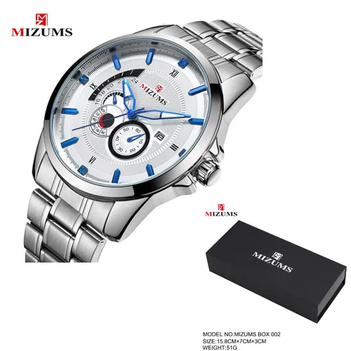 silver with box Мужские часы с бриллиантами, кварцевые часы из нержавеющей стали, мужские наручные часы, водонепроницаемые часы с датой, золотые мужские часы, Лидирующий бренд Mizums reloj hombre - Цвет: silver with box