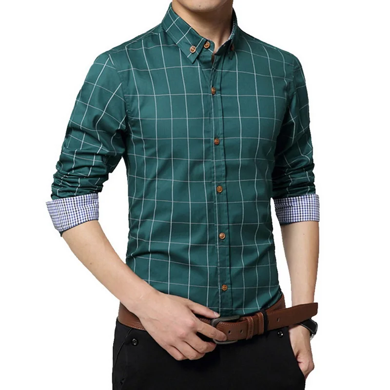 Pui men tiua 5XL Клетчатая Мужская рубашка с длинным рукавом, формальная Мужская рубашка с отложным воротником, мужская деловая одежда, модные Лоскутные Рубашки, Топы - Цвет: Plaid Green