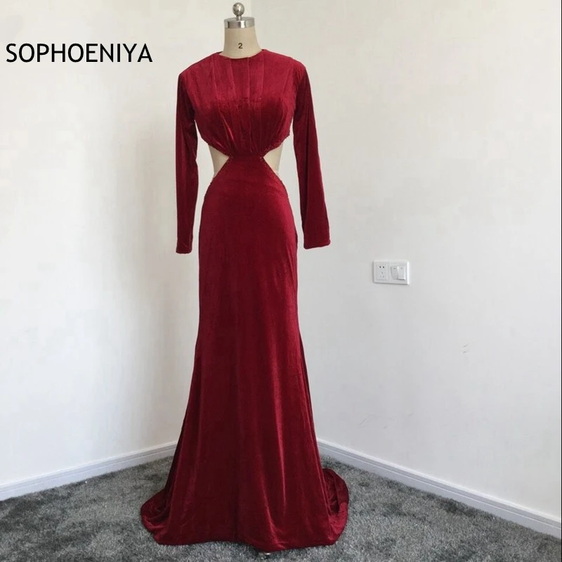 

New Arrival High Neck Long sleeve Velvet Long evening dresses 2021 Backless Long sleeve evening dress to party vestido de festa