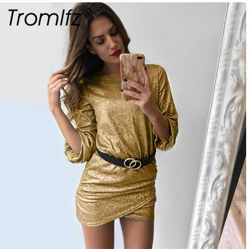 Trollfz 2019 Весна и лето дамское Сексуальное мини платье модный Сияющий круглый вырез короткие женские