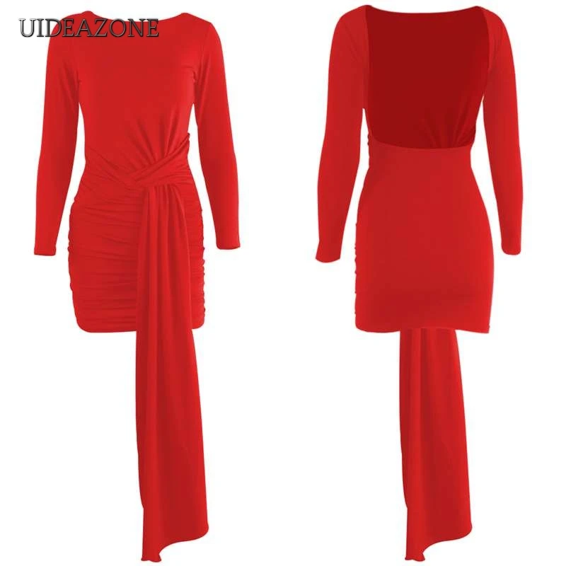 

UIDEAZONE O-Neck Backless Women Dress Sheath Mini Dress Above Knee Solid Color Long Sleeve Sexy Ladies Dresses with Sashes