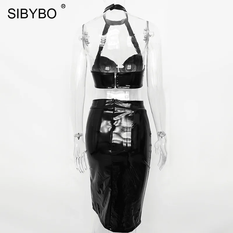 Sibybo, без бретелек, Холтер, из искусственной кожи, комплект из двух частей, платье для женщин, открытая разрезная оболочка, открытая спина, сексуальное женское платье, летнее вечернее платье для женщин