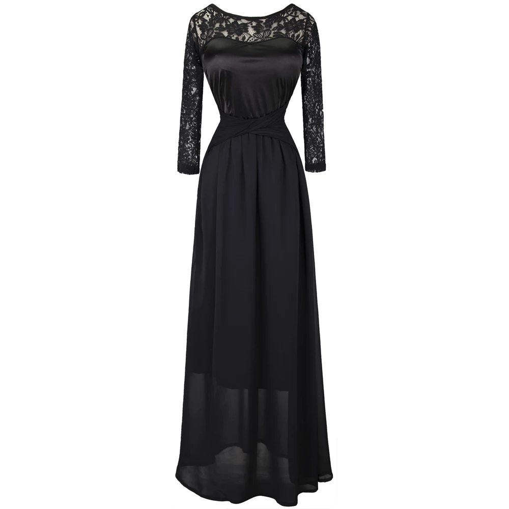 

Angel-fashions Women's Round Neck 3/4 Sleeve See Through Lace Chiffon Evening Dresses Black 013