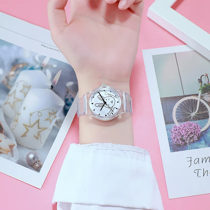 Dropshipping Luxury Brand Cartoon Bear Rabbit Kitten Animal Transparent Strap Quartz Girl Watch Student Soft Band Female | Наручные часы