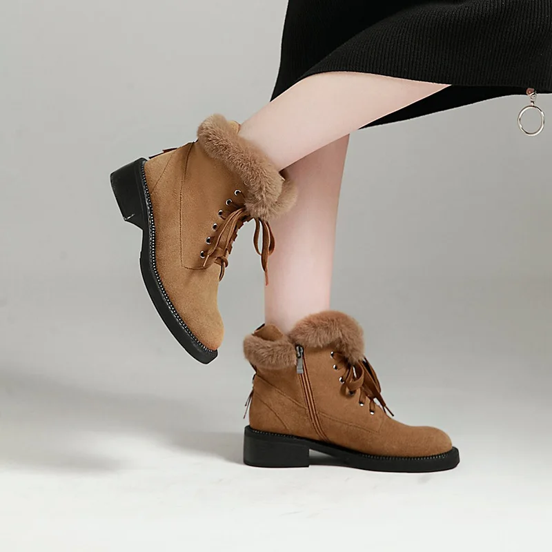 

WETKISS Winter Thick Heels Fur Ankle Women Boots Round Toe Footwear Cow Suede Motorcycle Female Bootie Platform Shoes Women 2018