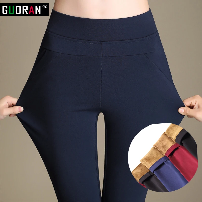 Зимние теплые женские брюки карандаш с высокой талией 2016 черные бархатные