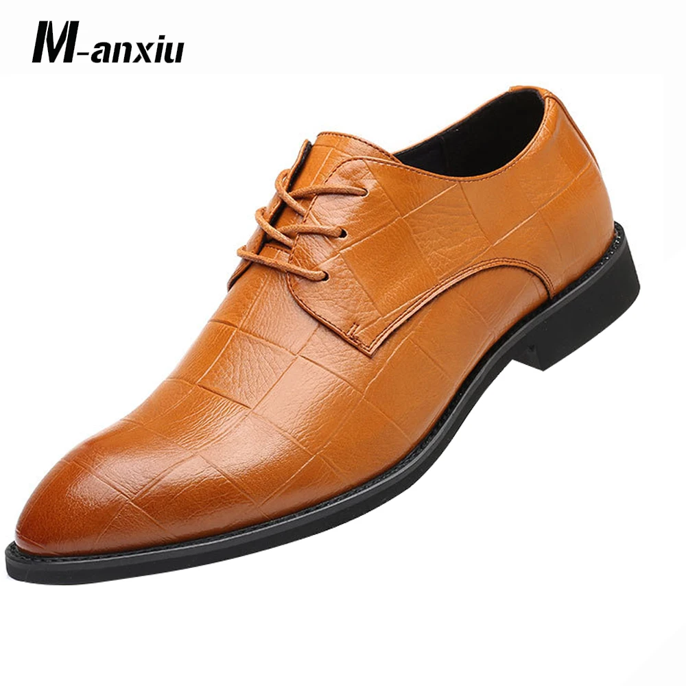 M-anxiu Fashion Plaid Pattern Leather Derbies Shoes Men Pointed Toe Lace Up Business Formal Dress Black Gray Brown | Обувь