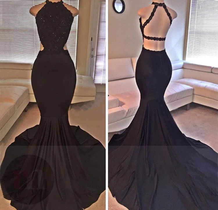 

Black Halter Neck Mermaid Open Back Evening Dresses For Women Formal