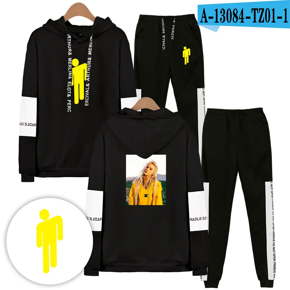 black Billieeilish billie eilish Женский комплект 2 шт. толстовки в стиле хип-хоп женские/мужские модные крутые повседневные спортивные костюмы с капюшоном - Цвет: black