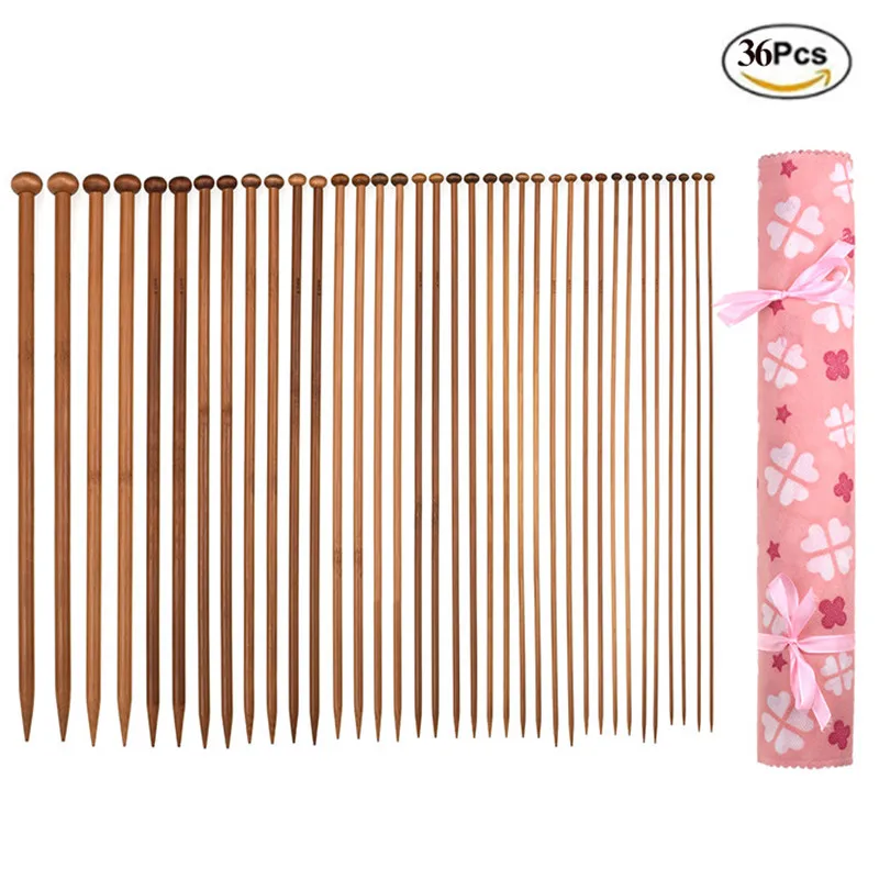

36pcs Bamboo Knitting Needles Mix Size 2.0mm-10.0mm 35cm Straight Single Point Yarn Weave Knitting Needles For Beginner with Bag
