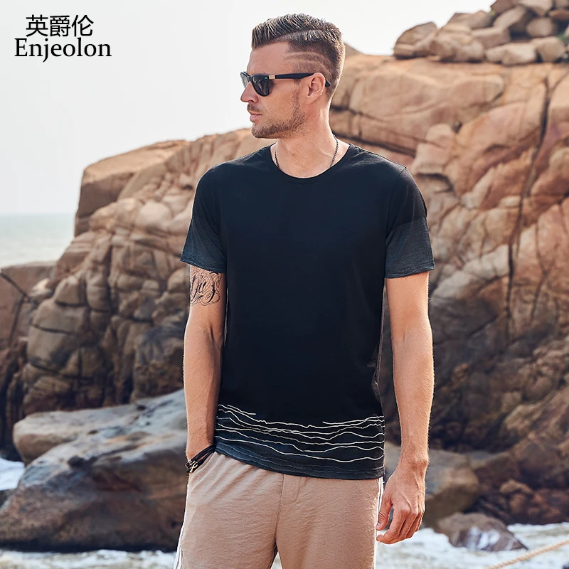 Enjeolon 2019 T shirt Summer Men Short Sleeved O-neck Gradien Casual Fashion Male Top Tee Shirt T3711 | Мужская одежда