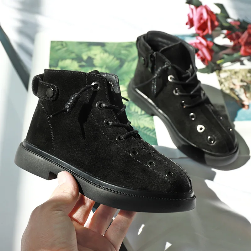 Fashion Boots kids Shoes Genuine Leather Boys Sneakers 2018 Winter Autumn Black Girls Children Anti Slip Rubber Sole | Детская одежда и