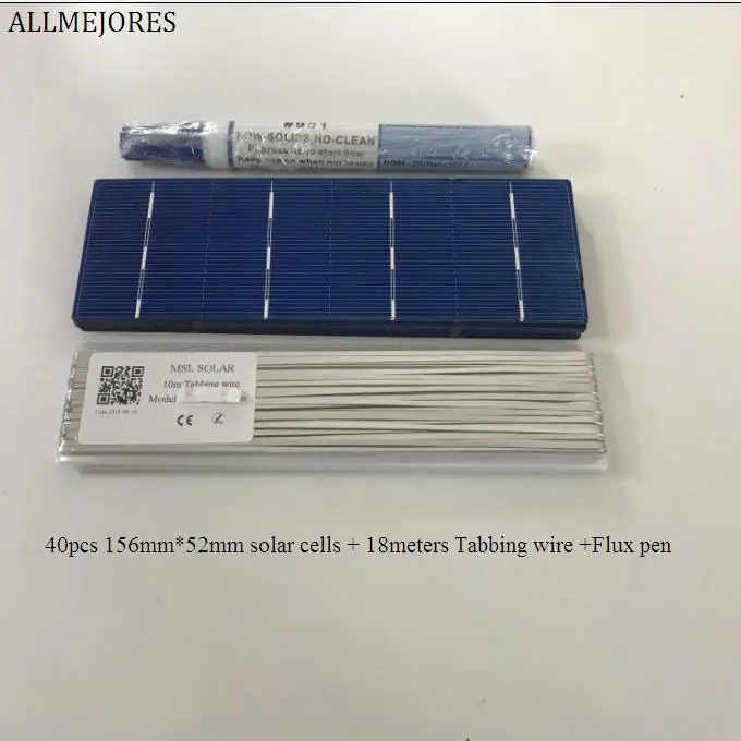 

ALLMEJORES 40pcs 156mm*52mm polycrystalline Solar cell 1.4W/pcs A-Grade for DIY 50W solar panel Give Tabbing wire Flux pen
