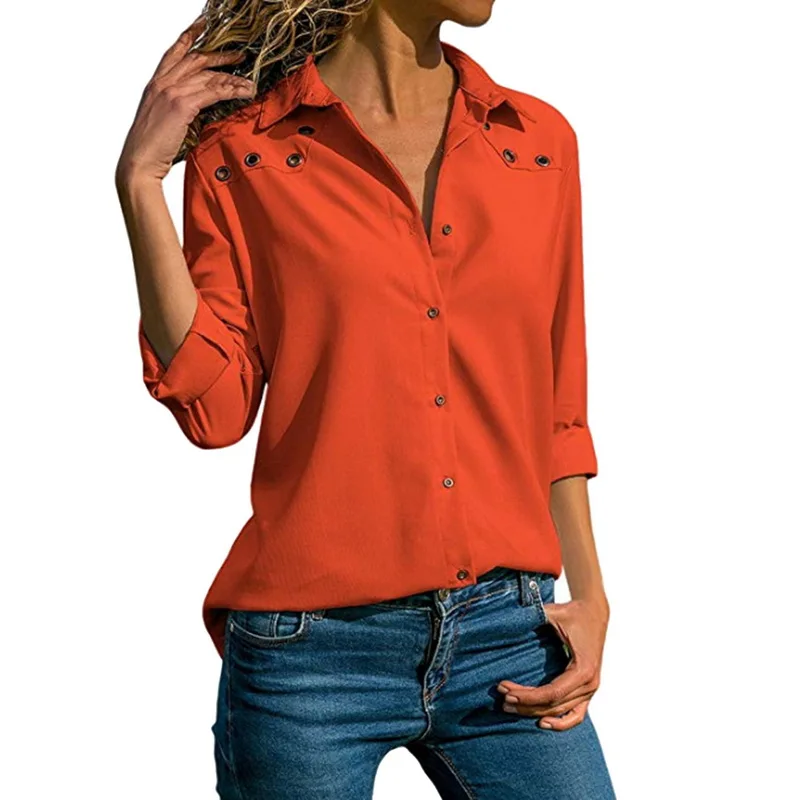 

Explosive Item Fashion Solid Color Sexy V-Neck Button Hole Long-sleeved Chiffon Shirt Women's Tops Blouse Lapel Shirts Lady