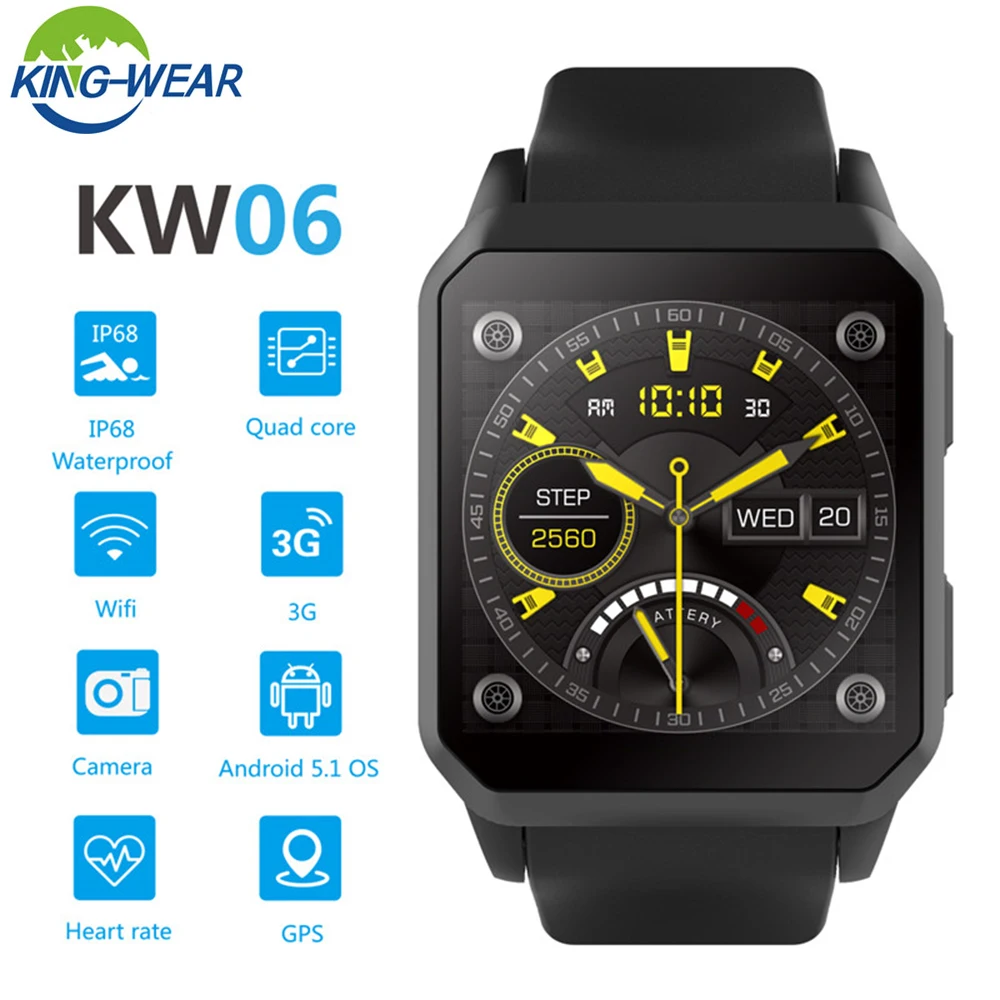 Новые смарт-часы KINGWEAR KW06 Android 5,1 MTK6580 четырехъядерный 3g 1,5" 1. 3g Гц Смарт-часы WiFi монитор сердечного ритма шагомер часы